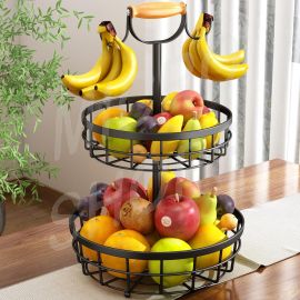 2-Tier Fruit Basket Bowl Storage with Wood Lift Handle and Dual Banana Tree Hanger for Kitchen Countertop