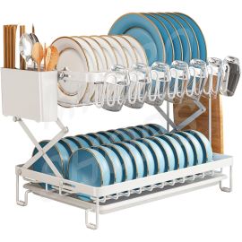 CARLA HOME 2-Tier Dish Drying Rack with Drainage Tray, Utensil Holder, Cup Hooks & Cutting Board Rack for Kitchen (White)