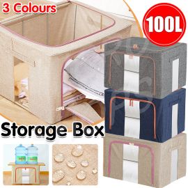 100L Foldable Storage Box Crushed Steel Frame Clothes Quilt Toys Organizer - 100L-Grey