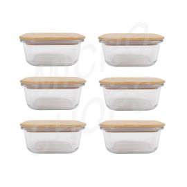 6 Pcs Medium Bamboo Food Containers – Clear Glass with Bamboo Lids