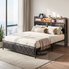 Artiss King Bed Frame with LED Lights and Storage Headboard Charging Station
