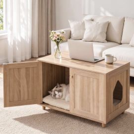 Artiss 2-In-1 Coffee Table Pet Cat House Wooden Side Table Storage Cabinet 80x50x55CM