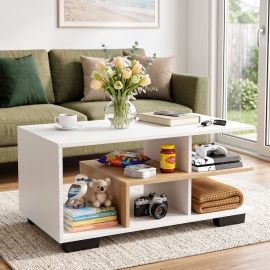 Artiss Coffee Table 90cm Center Table 3 Tier Open Storage Shelf Modern Living Room White & Wood