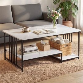 Artiss Coffee Table 100cm Faux Marble Finish Center Table 2-Tier Storage White&Black