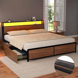 Artiss Metal Bed Frame King Size LED Storage Headboard USB Charge 4 Drawers