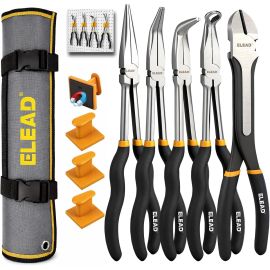 ELEAD 5-Piece 11-Inch Long Reach Needle Nose Pliers Set, Straight, 45° & 90° Bent Nose, Diagonal Cutting & Middle Ring Pliers with Magnetic Racks and Roll-Up Pouch