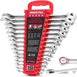 SEDY 15-Piece SAE Combination Spanner Set, 1/4''–1'' 12-Point Open End and Box End Spanner Kit with Organizer