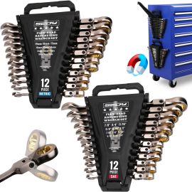 SEDY 24-Piece Flexible Ratchet Spanner Set Metric 8-19mm SAE 1/4"-7/8" with Organizer