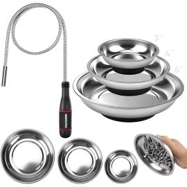 SEDY 4-Piece Magnetic Trays and Pick-Up Tool Set: 20in Bendable Spring Magnet Stick with 3in, 4in, 6in Magnetic Parts Trays