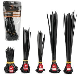 HORUSDY 520-Piece Black Cable Ties Assortment, Nylon Zip Ties in 5 Sizes, Self-Locking Heavy Duty Cable Ties for Cable Management